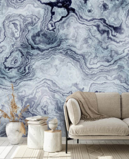 blauwe marmeren behangmuurschildering genaamd Blue Swirl Marble Wall Mural voor badkamers en slaapkamers