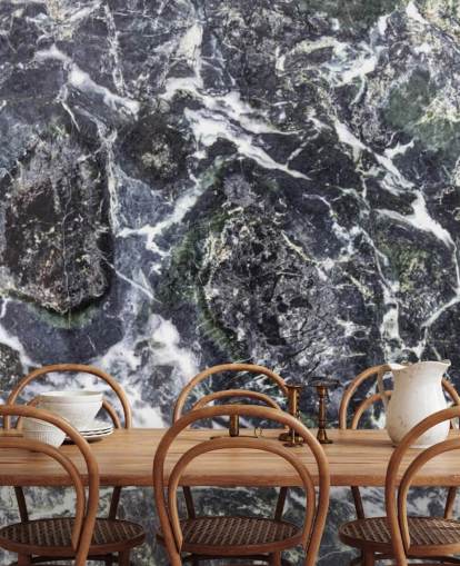 mural de papel pintado de mármol blanco y negro llamado Black Marble para cocinas y baños