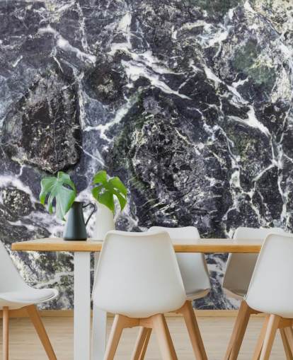 mural de papel pintado de mármol blanco y negro llamado Black Marble para cocinas y baños