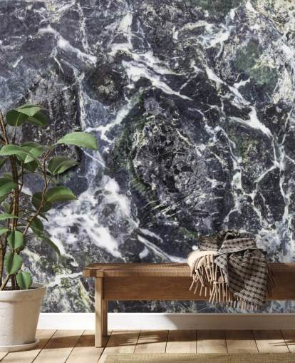 mural de papel pintado de mármol blanco y negro llamado Black Marble para cocinas y baños