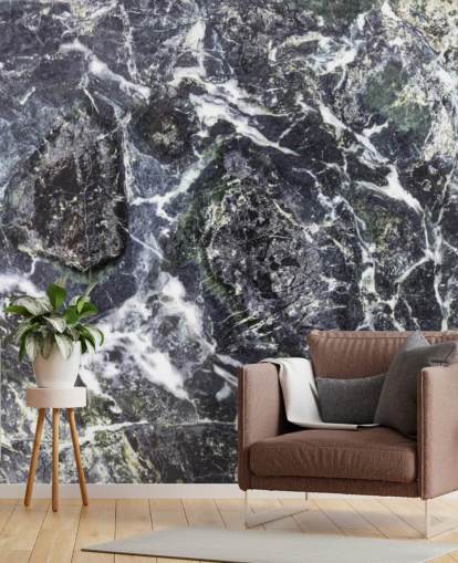 mustavalkoinen marmoritapetti seinämaalaus nimeltä Black Marble keittiöihin ja kylpyhuoneisiin