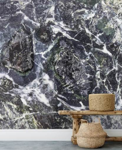 mural de papel pintado de mármol blanco y negro llamado Black Marble para cocinas y baños