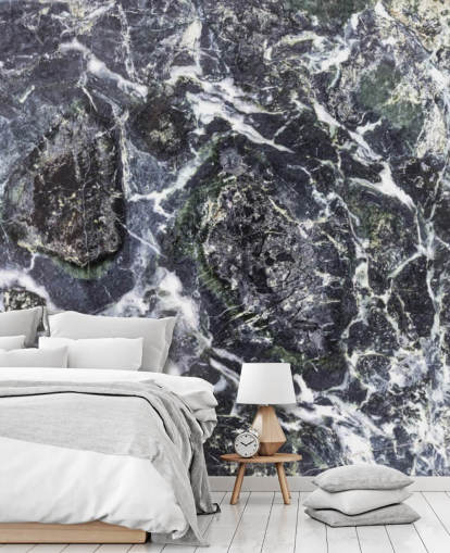 mural de papel pintado de mármol blanco y negro llamado Black Marble para cocinas y baños