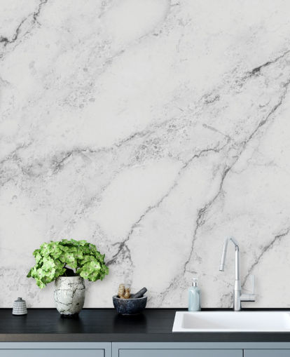 white customizable marble wallpaper mural called Black and White Marble for kitchens and bathrooms