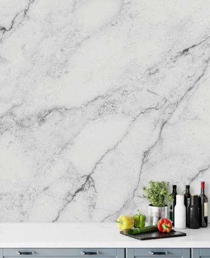 valkoinen muokattava marmoritapetti seinämaalaus nimeltä Black and White Marble keittiöihin ja kylpyhuoneisiin