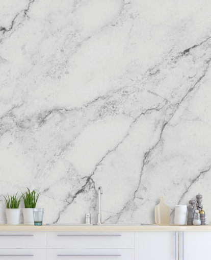 white customisable marble wallpaper mural called Black and White Marble for kitchens and bathrooms
