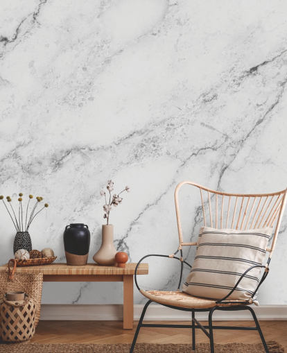 valkoinen muokattava marmoritapetti seinämaalaus nimeltä Black and White Marble keittiöihin ja kylpyhuoneisiin