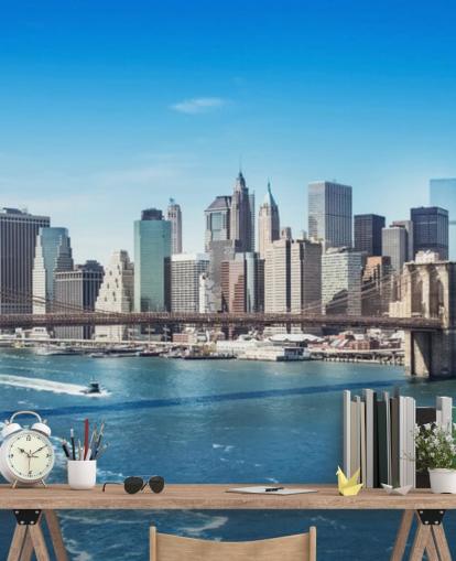 bright new york city wallpaper mural called New York Brooklyn Bridge Skyline