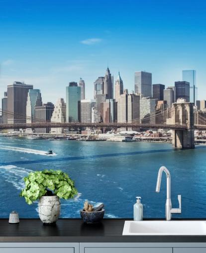 bright new york city wallpaper mural called New York Brooklyn Bridge Skyline
