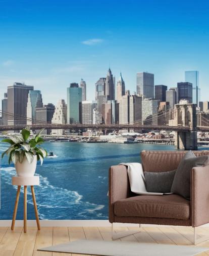 heldere muurschildering in New York City genaamd New York Brooklyn Bridge Skyline