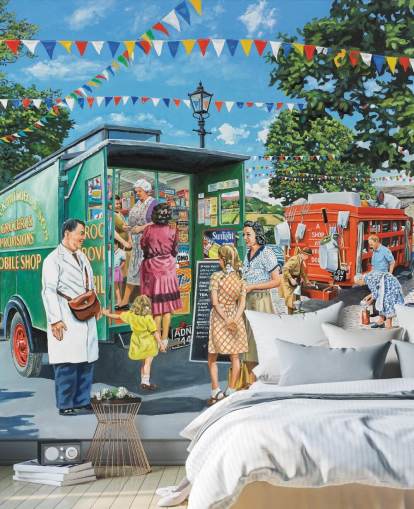 magasin d'alimentation mobile dans le papier peint du village