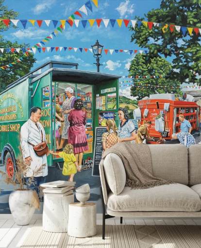 mobiele levensmiddelenwinkel in dorp behang