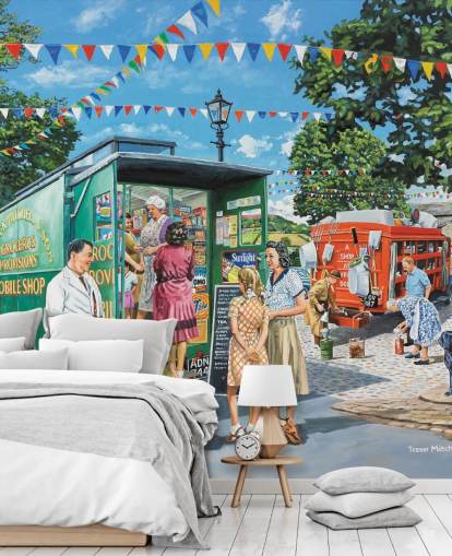 mobiele levensmiddelenwinkel in dorp behang mobiele levensmiddelenwinkel in dorp behang