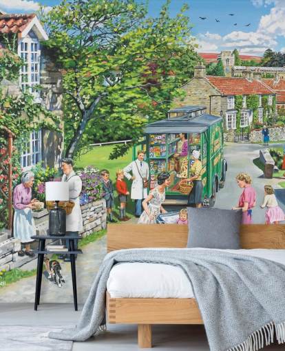 mobil butik i midten af en landsby tapet