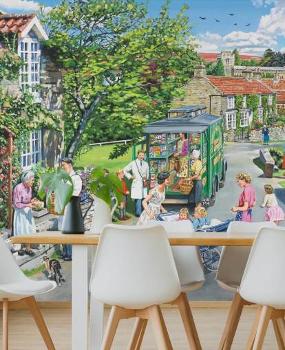 boutique mobile au milieu d'un village papier peint