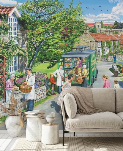 boutique mobile au milieu d'un village papier peint