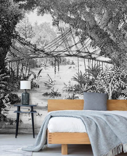 Black and White Vintage Jungle Illustration Wallpaper