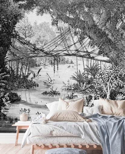 Black and White Vintage Jungle Illustration Wallpaper