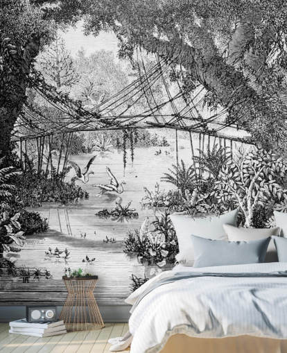 Svart och vitt Vintage Jungle Illustration Bakgrund