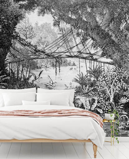 Svart och vitt Vintage Jungle Illustration Bakgrund Svart och vitt Vintage Jungle Illustration Bakgrund