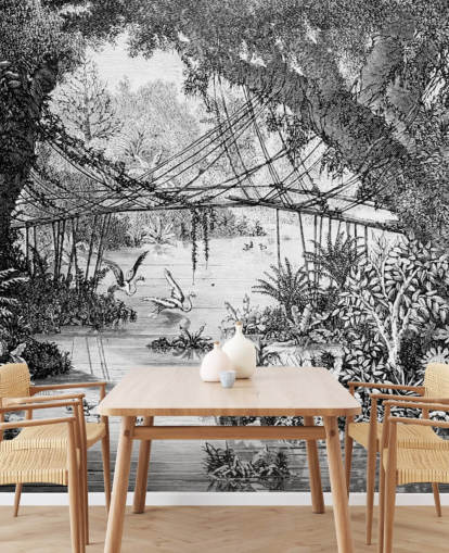 Black and White Vintage Jungle Illustration Wallpaper