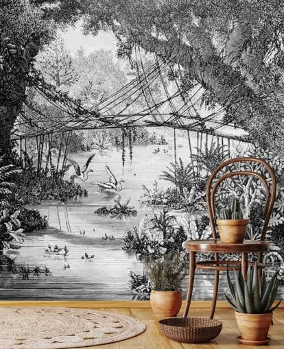 Black and White Vintage Jungle Illustration Wallpaper