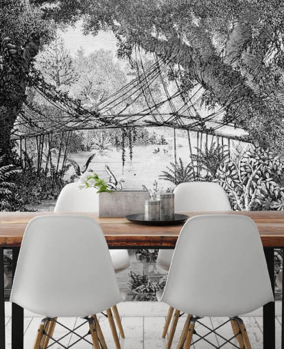 Black and White Vintage Jungle Illustration Wallpaper