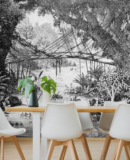 Black and White Vintage Jungle Illustration Wallpaper