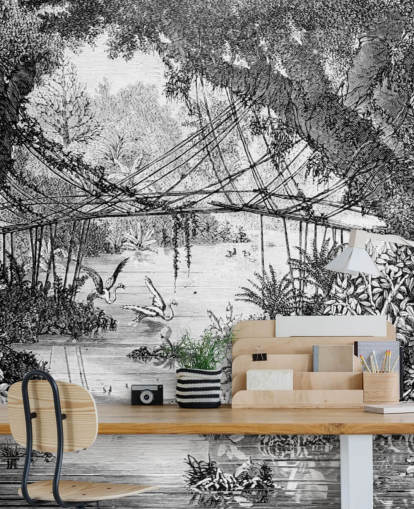 Papier Peint Illustration Vintage Jungle Noir et Blanc
