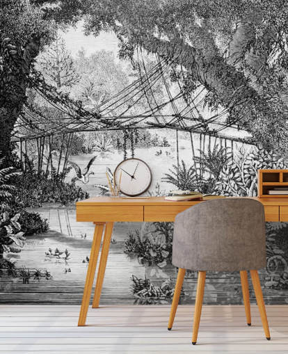 Black and White Vintage Jungle Illustration Wallpaper