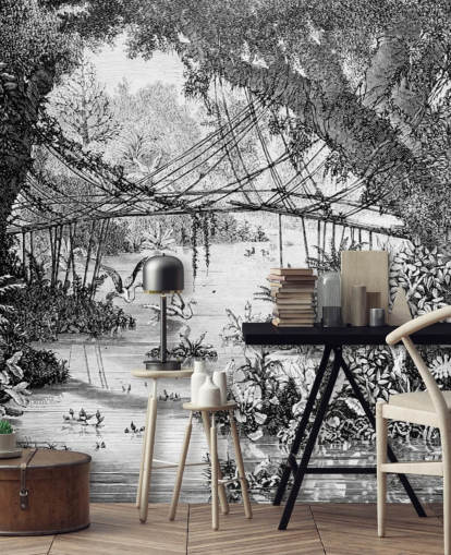 Papel de parede de ilustração de selva vintage preto e branco