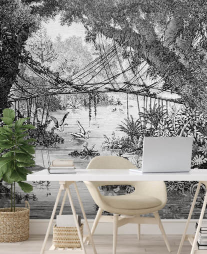 zwart-wit vintage jungle illustratie behang