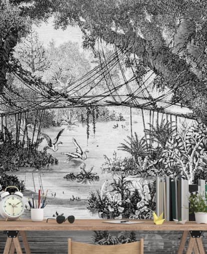 Black and White Vintage Jungle Illustration Wallpaper