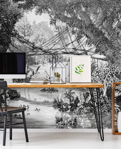 zwart-wit vintage jungle illustratie behang