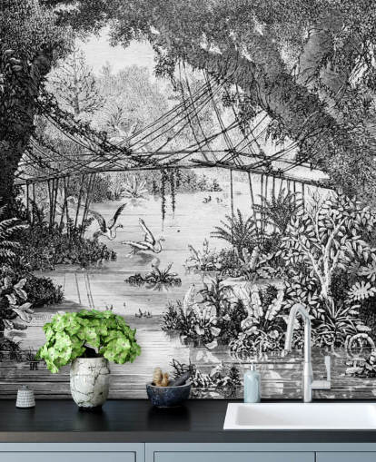 Papel de parede de ilustração de selva vintage preto e branco