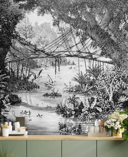 Papel pintado de ilustración de selva vintage en blanco y negro