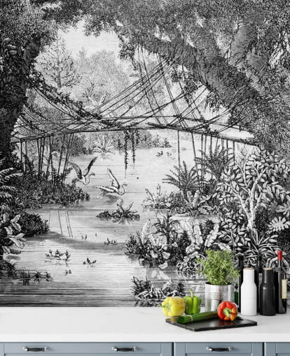 Papel de parede de ilustração de selva vintage preto e branco