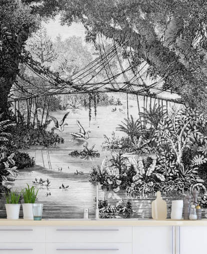 Black and White Vintage Jungle Illustration Wallpaper