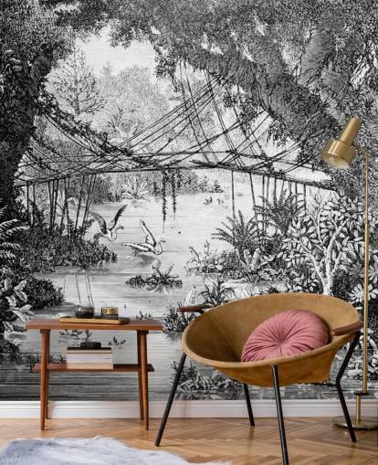 Papel de parede de ilustração de selva vintage preto e branco