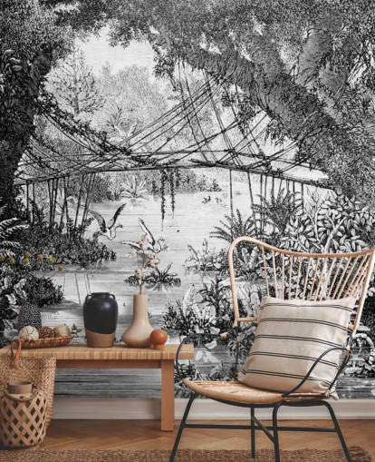 Svart och vitt Vintage Jungle Illustration Bakgrund Svart och vitt Vintage Jungle Illustration Bakgrund