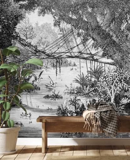 Papel pintado de ilustración de selva vintage en blanco y negro