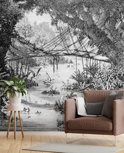 Sort og hvid Vintage Jungle Illustration Baggrund