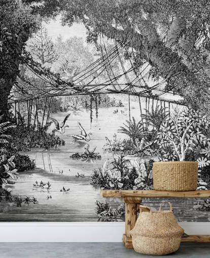 Svart och vitt Vintage Jungle Illustration Bakgrund