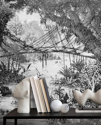 Carta da parati illustrazione giungla vintage in bianco e nero