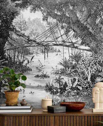 zwart-wit vintage jungle illustratie behang