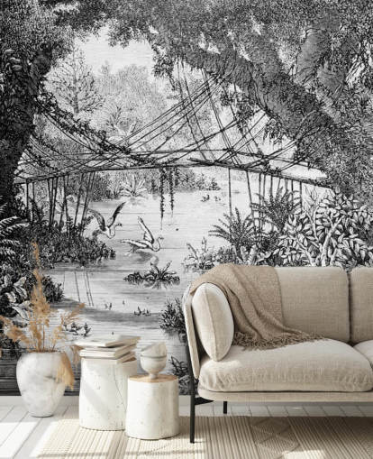Black and White Vintage Jungle Illustration Wallpaper