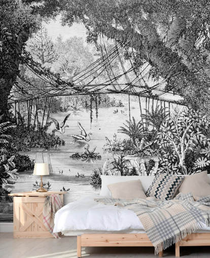 Papel pintado de ilustración de selva vintage en blanco y negro