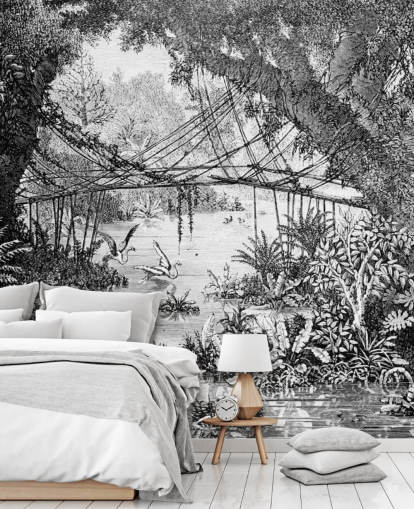 Svart och vitt Vintage Jungle Illustration Bakgrund