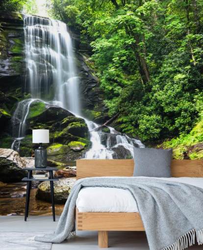 green custom forest wallpaper mural called Zen Waterfall for living rooms