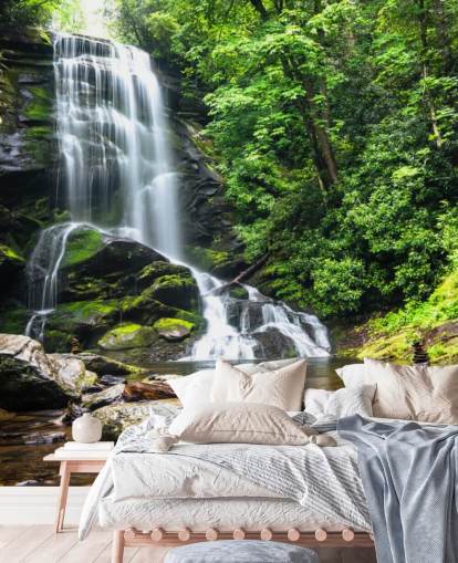 green custom forest wallpaper mural called Zen Waterfall for living rooms